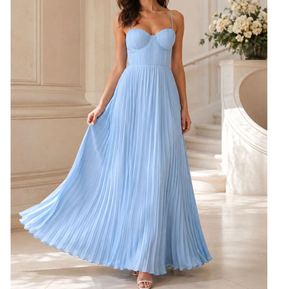Lulus Admirable Elegance Light Blue Pleated Bustier Maxi Dress S Fairycore